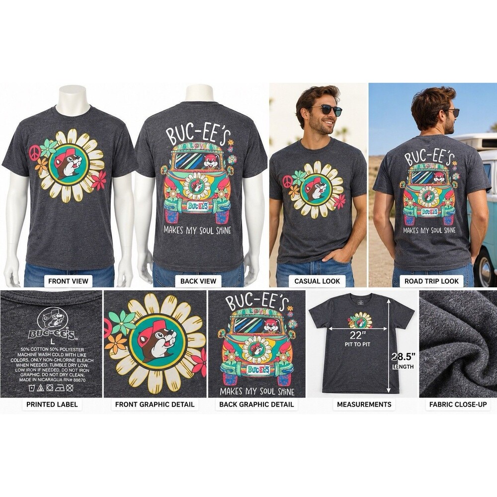 Buc-ee's T Shirt Mens M Gray Graphic Hippie Van Peace FlowerDouble Side